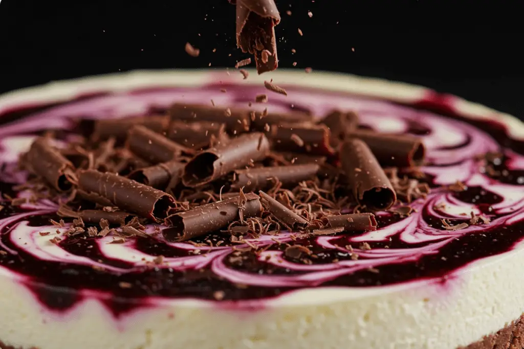 Dark chocolate curls being added as a garnish to the cheesecake, enhancing the visual appeal and flavor with a touch of elegance.