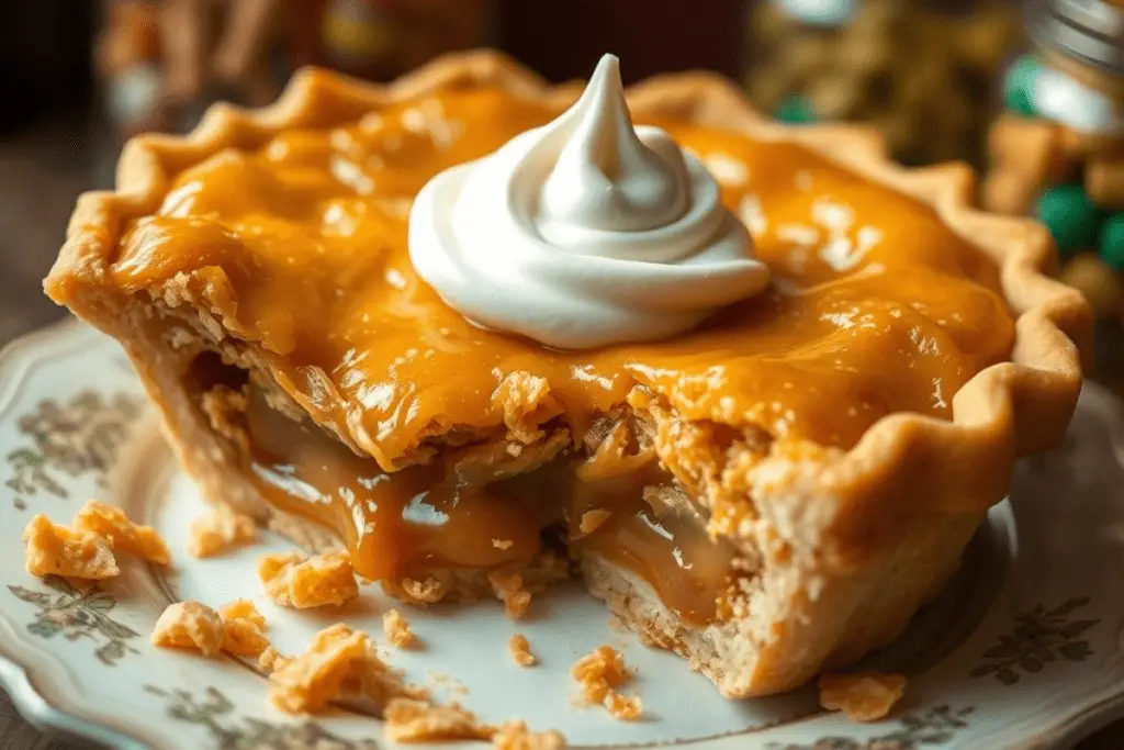 A golden toffee crunch pie with a gooey filling, topped with smooth vanilla cream and toffee shards. It sits on a vintage plate with warm lighting, evoking the cozy yet whimsical charm of Honeydukes.