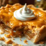 A golden toffee crunch pie with a gooey filling, topped with smooth vanilla cream and toffee shards. It sits on a vintage plate with warm lighting, evoking the cozy yet whimsical charm of Honeydukes.