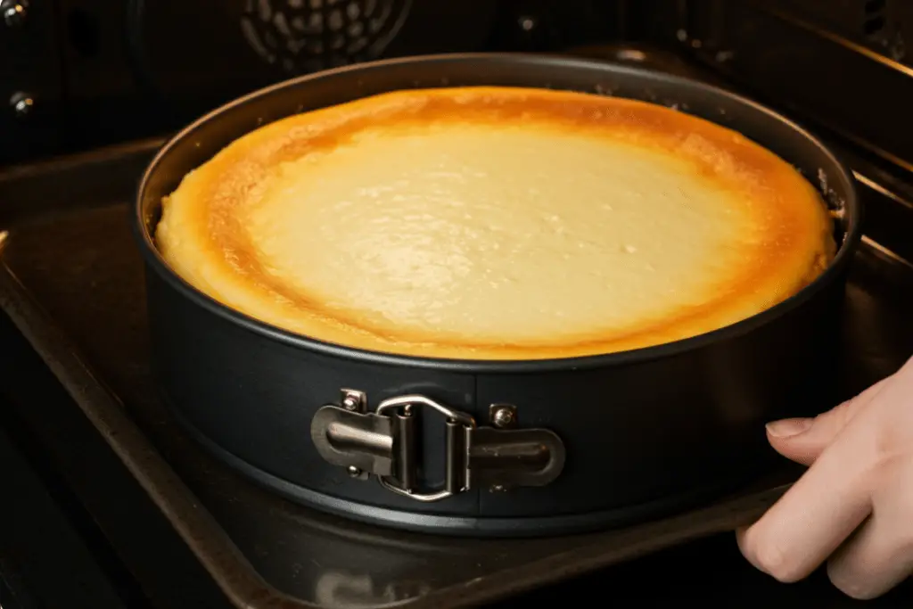 The cheesecake baking in the oven, with the blackberry swirl visible on the top, ready to set into a creamy, firm texture.