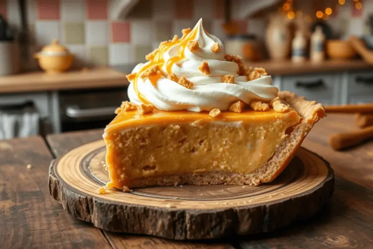 A fully garnished Honeydukes Toffee Crunch Pie topped with vanilla whipped cream, caramel drizzle, and crunchy toffee bits, ready to be served.