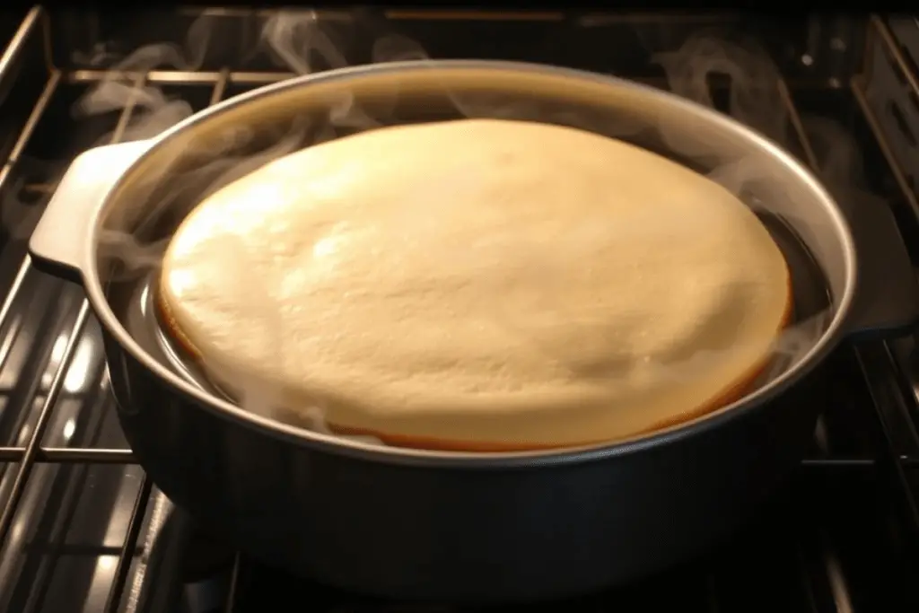 A Butterbeer cheesecake baking in a water bath, ensuring a smooth, creamy texture with steam rising for a mystical effect.