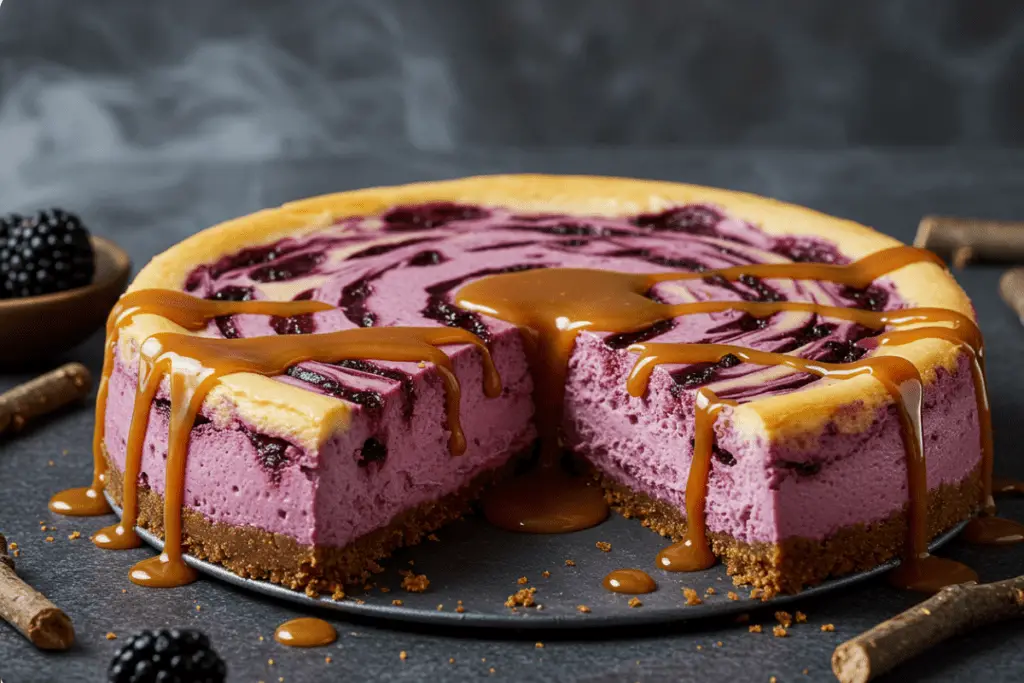 Forbidden Forest Blackberry Butterbeer Cheesecake with a creamy base, blackberry compote swirl, and butterbeer caramel drizzle, surrounded by forest-inspired decorations in a mystical, warm-lit setting.