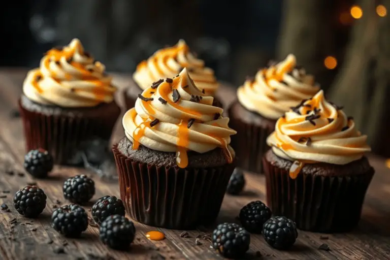 Dark chocolate Butterbeer cupcakes with creamy butterscotch frosting, drizzled with caramel and sprinkled with chocolate shavings. Set on a rustic surface with a misty, enchanted backdrop evoking the mystery of the Forbidden Forest.