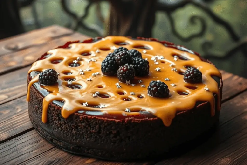 A creamy Butterbeer cheesecake with a deep blackberry swirl, topped with fresh blackberries and a butterscotch drizzle. It sits on a rustic wooden table with a misty, enchanted backdrop, evoking the mystery of the Forbidden Forest.