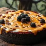 A creamy Butterbeer cheesecake with a deep blackberry swirl, topped with fresh blackberries and a butterscotch drizzle. It sits on a rustic wooden table with a misty, enchanted backdrop, evoking the mystery of the Forbidden Forest.