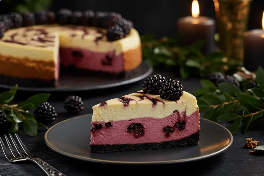 A slice of Forbidden Forest Blackberry Butterbeer Cheesecake served with dark chocolate garnish and surrounded by a mystical, forest-inspired setting.