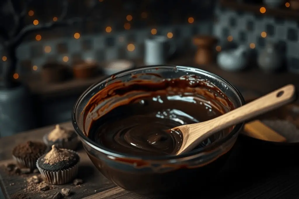 A bowl of dark chocolate cupcake batter being stirred, creating a rich and glossy mixture for baking.