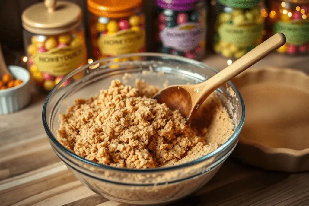 A bowl of crushed graham crackers, brown sugar, and melted butter being mixed to form the pie crust.