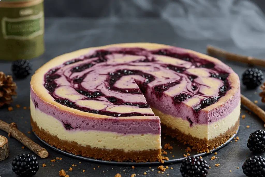 Forbidden Forest Blackberry Butterbeer Cheesecake with a creamy base, blackberry compote swirl, and butterbeer caramel drizzle, surrounded by forest-inspired decorations in a mystical, warm-lit setting.