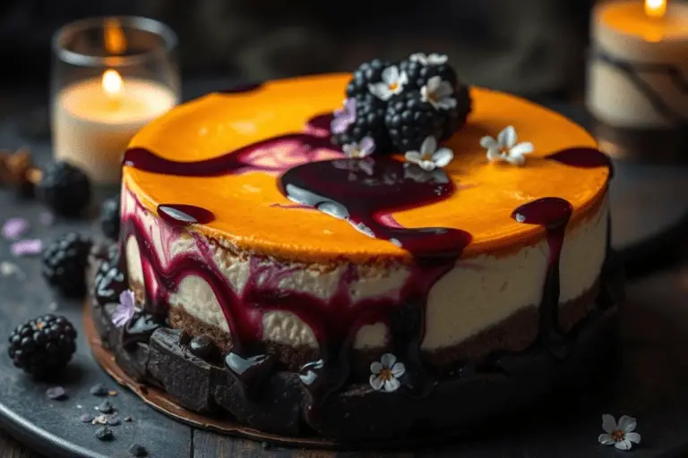 A creamy Butterbeer cheesecake with swirls of blackberry compote on a dark chocolate crust, drizzled with glossy blackberry sauce. Fresh blackberries and edible flowers add a magical touch, set against a moody, candlelit background reminiscent of the Forbidden Forest.