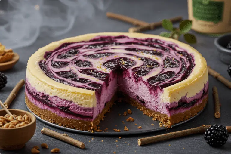 Forbidden Forest Blackberry Butterbeer Cheesecake with a creamy base, blackberry compote swirl, and butterbeer caramel drizzle, surrounded by forest-inspired decorations in a mystical, warm-lit setting.