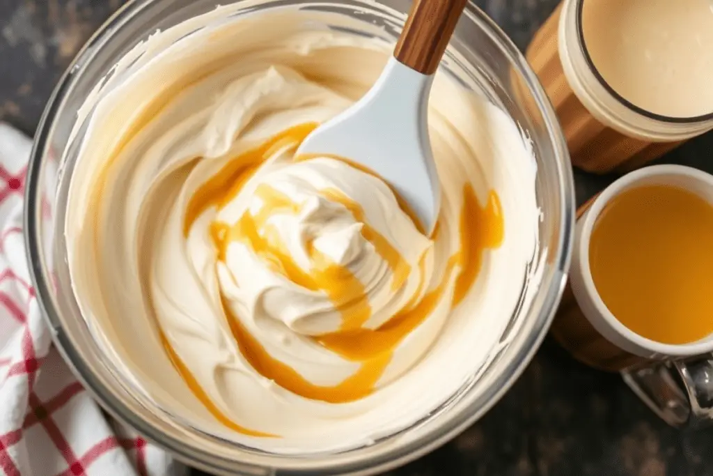 A bowl of creamy Butterbeer frosting being mixed with caramel drizzle, creating a smooth and fluffy topping.