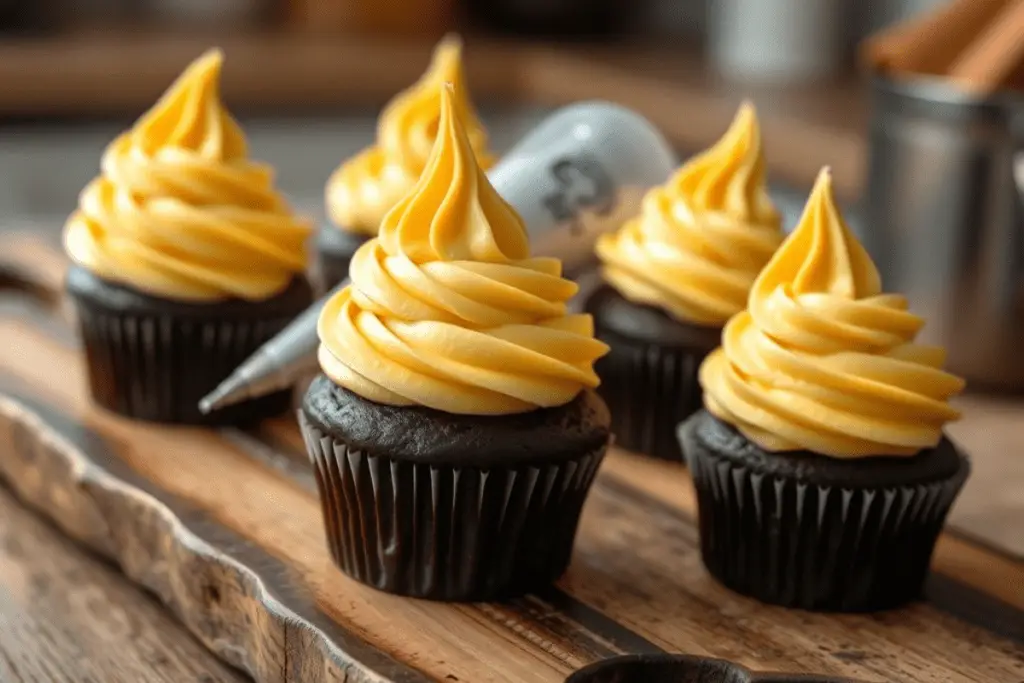 Dark chocolate cupcakes being frosted with golden Butterbeer buttercream, creating a magical and elegant dessert.