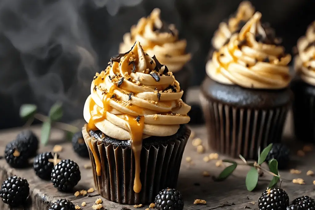 Dark chocolate Butterbeer cupcakes with creamy butterscotch frosting, drizzled with caramel and sprinkled with chocolate shavings. Set on a rustic surface with blackberries and misty fog, evoking the magic of the Forbidden Forest.