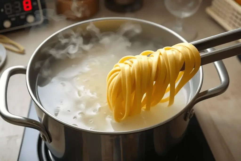 A pot of boiling water with fettuccine pasta being cooked, with steam rising and tongs lifting the strands.