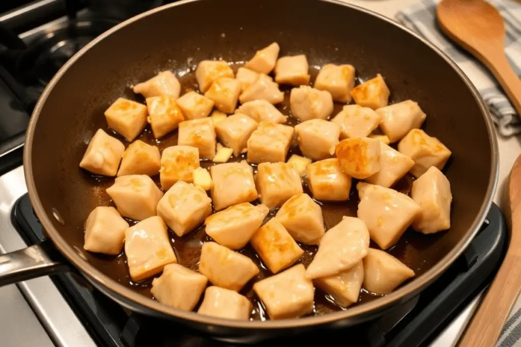 A skillet filled with golden brown garlic butter chicken bites sizzling in melted butter with minced garlic.