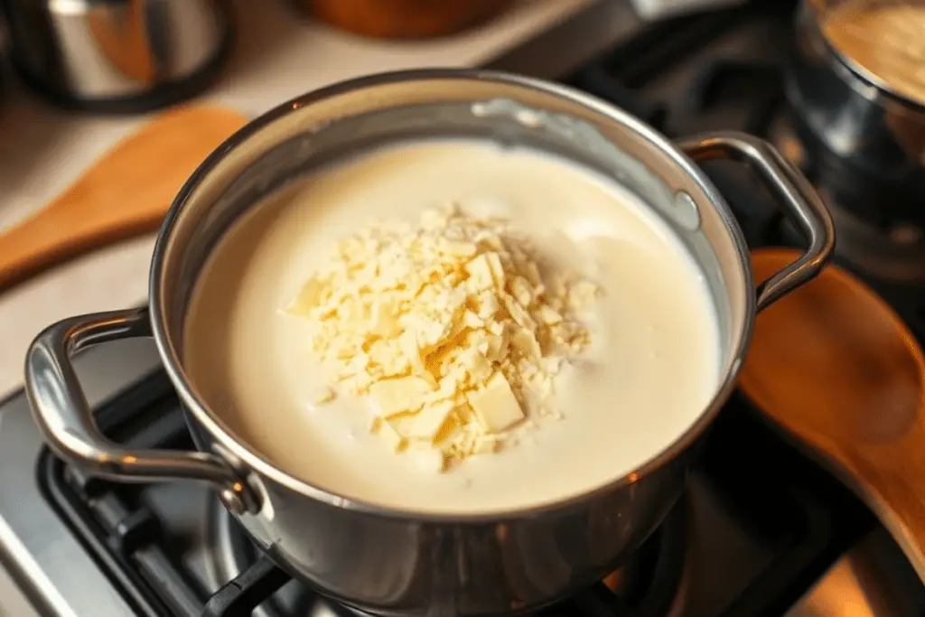 A saucepan with creamy Parmesan sauce being whisked together, with butter and cheese melting into a smooth, velvety texture.