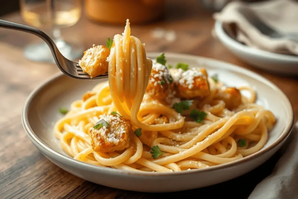 A plate of creamy Parmesan pasta topped with golden garlic butter chicken bites, garnished with parsley and extra Parmesan cheese.