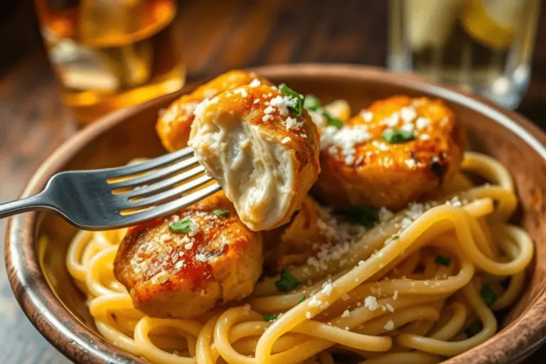 Golden garlic butter chicken bites served over creamy Parmesan pasta, garnished with fresh parsley and Parmesan. Paired with a frosty iced tea or lemonade, set in a rustic dining setting with warm lighting.