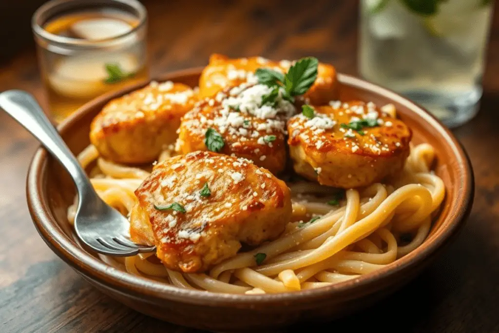 Golden garlic butter chicken bites served over creamy Parmesan pasta, garnished with fresh parsley and Parmesan. Paired with a frosty iced tea or lemonade, set in a rustic dining setting with warm lighting.