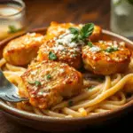 Golden garlic butter chicken bites served over creamy Parmesan pasta, garnished with fresh parsley and Parmesan. Paired with a frosty iced tea or lemonade, set in a rustic dining setting with warm lighting.