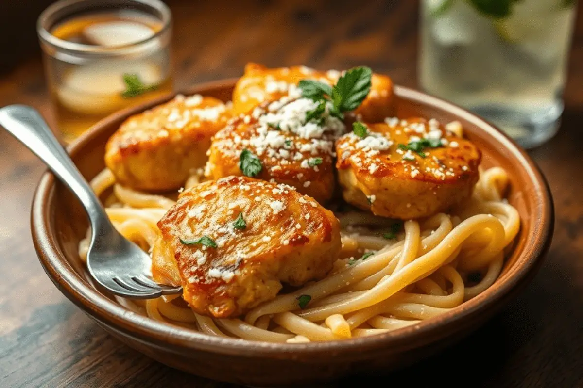 Golden garlic butter chicken bites served over creamy Parmesan pasta, garnished with fresh parsley and Parmesan. Paired with a frosty iced tea or lemonade, set in a rustic dining setting with warm lighting.