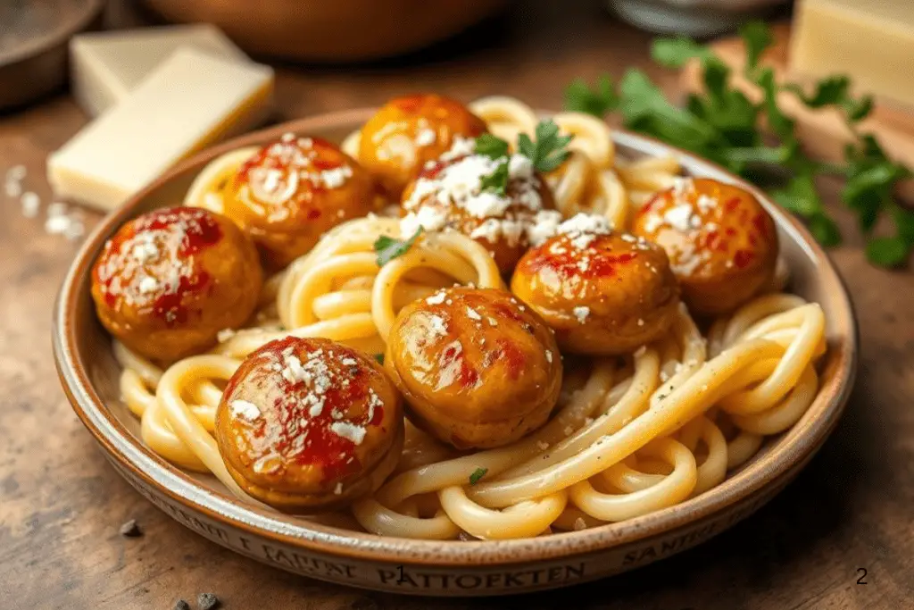 A plate of golden seared butter sausage bites with creamy parmesan pasta, served on a plate.