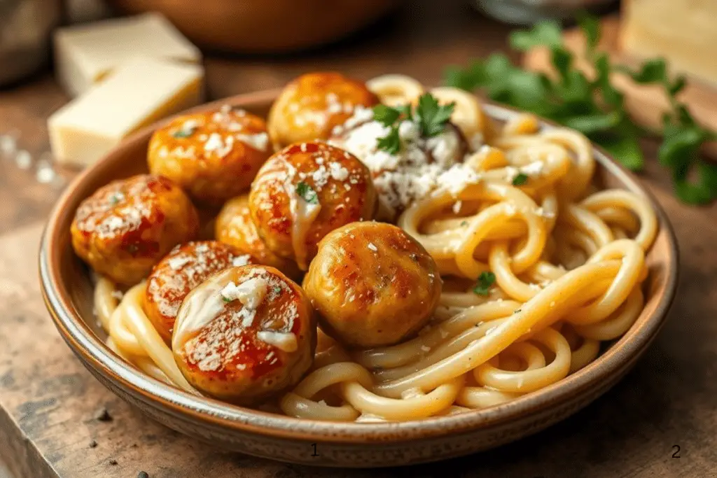 Garlic butter sausage bites served with creamy Parmesan pasta, coated in a rich sauce and garnished with fresh parsley and grated Parmesan. Presented in a cozy, rustic setting with warm lighting.