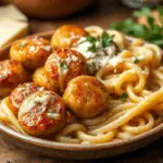 Garlic butter sausage bites served with creamy Parmesan pasta, coated in a rich sauce and garnished with fresh parsley and grated Parmesan. Presented in a cozy, rustic setting with warm lighting.