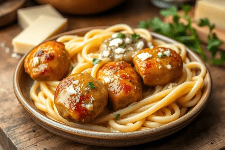 A plate of golden garlic butter sausage bites with parmesan creamy pasta.