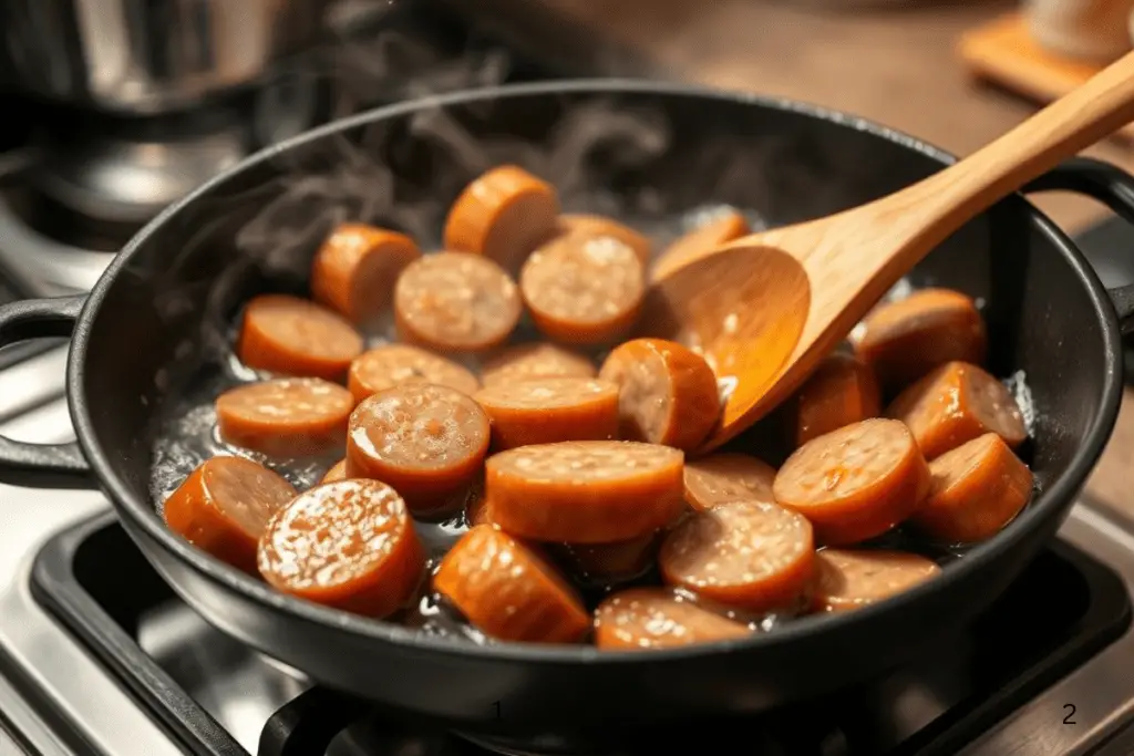 A skillet with smoked sausage slices sizzling in garlic butter, turning golden brown and crispy.