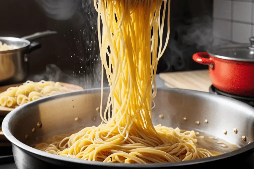 A pot of boiling water with fettuccine pasta being added, steam rising as it begins to cook.