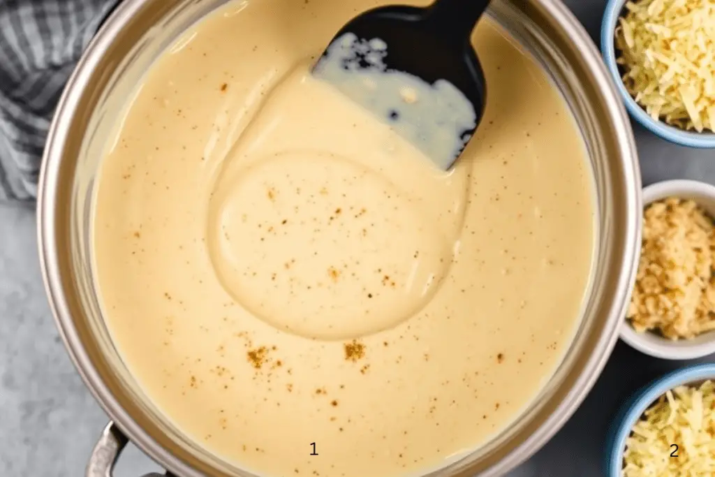 A saucepan with a creamy Parmesan garlic sauce being stirred, rich and velvety with flecks of seasoning.