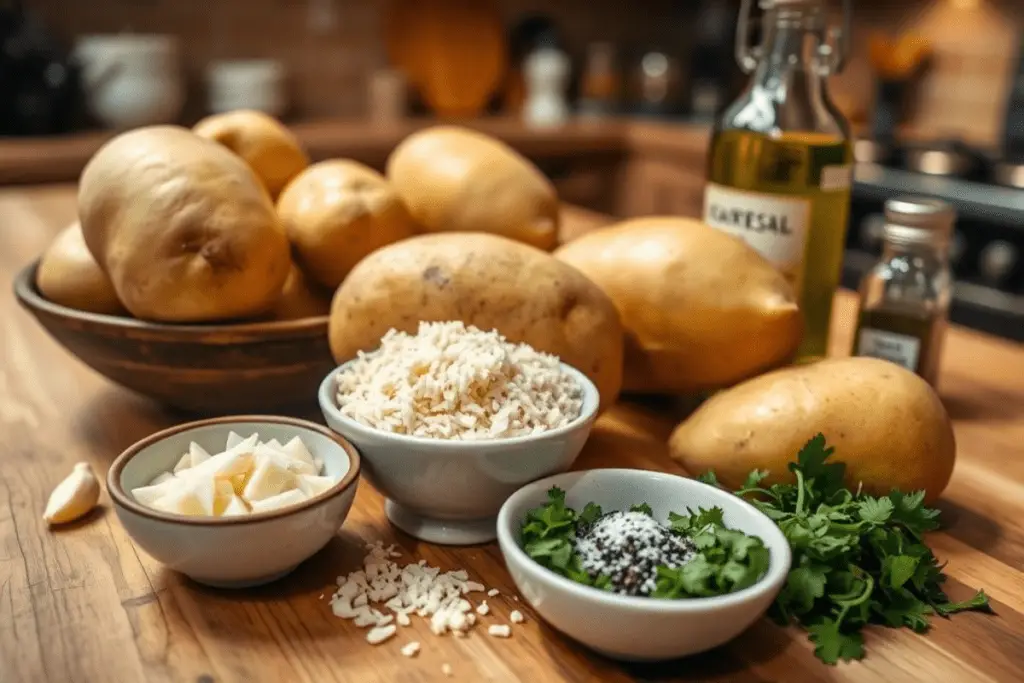 A kitchen countertop with fresh potatoes, minced garlic, Parmesan cheese, olive oil, parsley, and seasonings, ready to make garlic Parmesan fries.