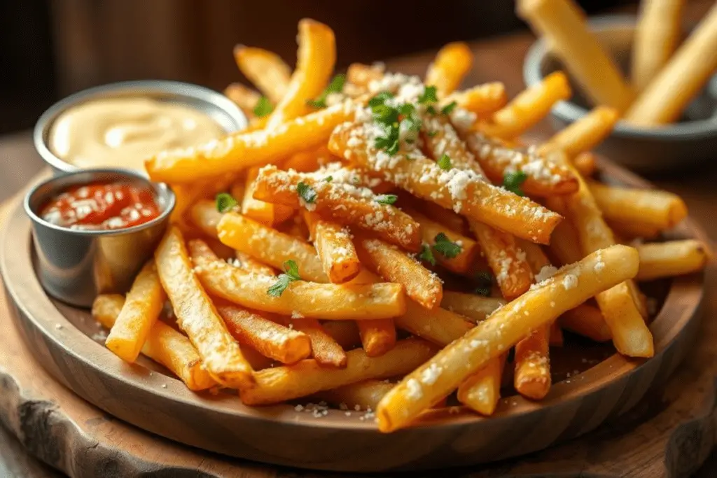 Crispy golden French fries tossed in garlic butter and Parmesan cheese, garnished with parsley. Served with garlic aioli and ketchup on a rustic platter in warm, inviting lighting.