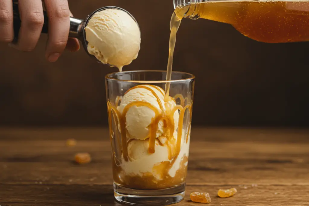 Vanilla ice cream scooped into a caramel-lined glass as butterbeer soda is poured over, creating a frothy, bubbly Butterbeer float.