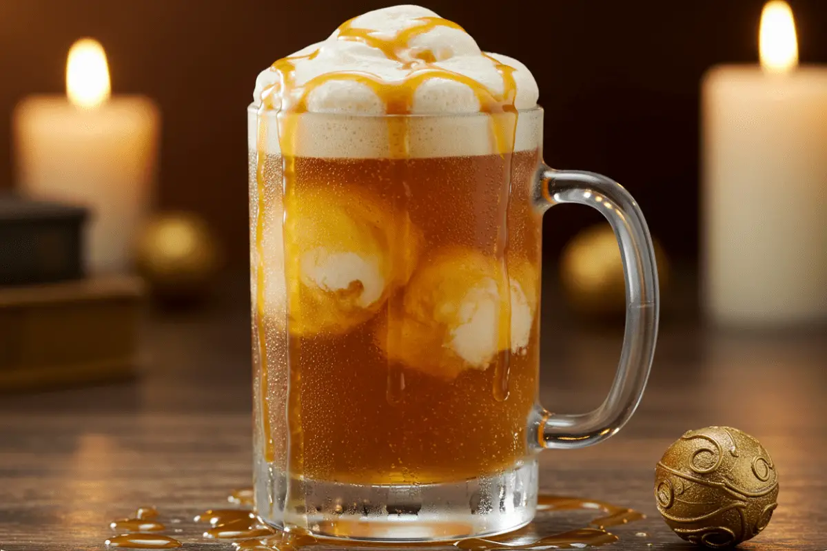 A magical Golden Snitch Caramel Butterbeer Float with creamy butterscotch soda, vanilla ice cream, and caramel drizzle, topped with a shimmering golden Snitch in a cozy, wizarding-inspired setting