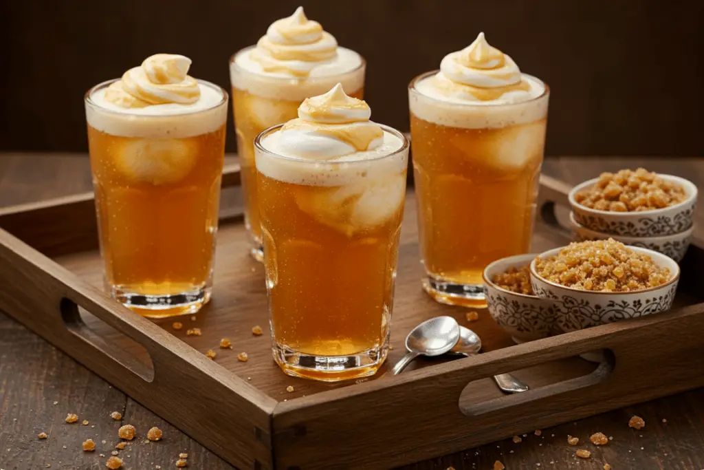 A tray of Butterbeer floats with golden straws, surrounded by extra caramel sauce and sprinkles, perfect for a Harry Potter party.