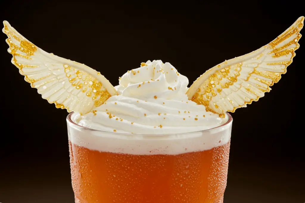 A Butterbeer float transformed into a Golden Snitch with caramel wings, a truly magical drink fit for any Quidditch celebration.