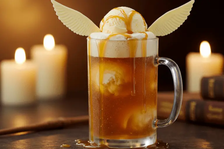 A magical Golden Snitch Caramel Butterbeer Float with creamy butterscotch soda, vanilla ice cream, and caramel drizzle, topped with a shimmering golden Snitch in a cozy, wizarding-inspired setting