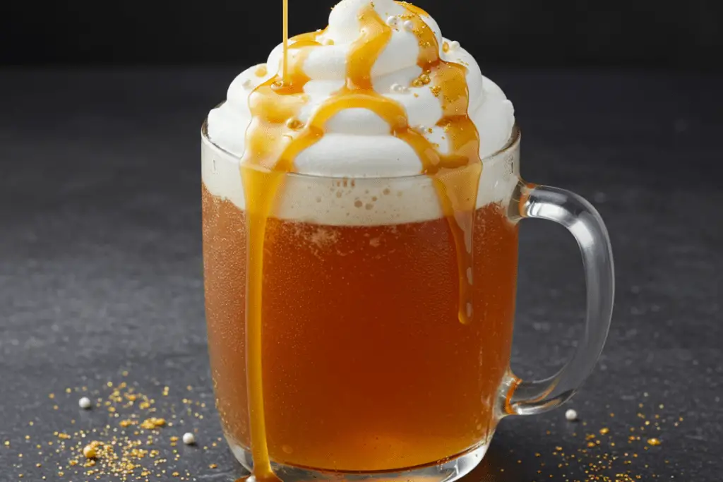 A magical Golden Snitch Caramel Butterbeer Float with creamy butterscotch soda, vanilla ice cream, and caramel drizzle, topped with a shimmering golden Snitch in a cozy, wizarding-inspired setting