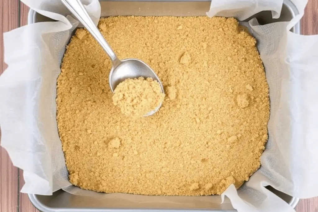 Graham cracker crust being pressed into a baking pan, ensuring an even, compact base for the cheesecake bars.