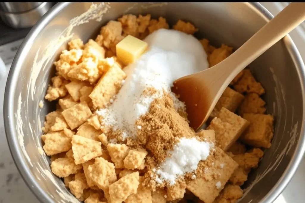 A buttery graham cracker crust mixture being stirred in a bowl, ready to be pressed into the pan for cheesecake bars.

