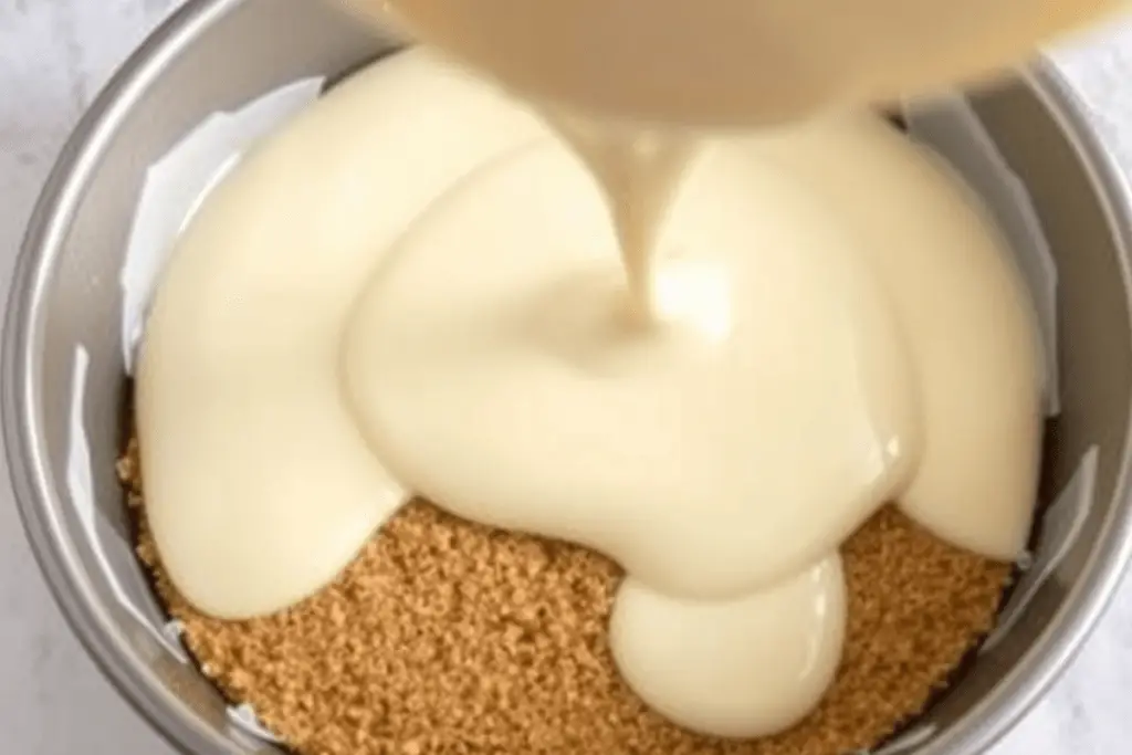 Cheesecake filling being poured over the graham cracker crust, creating a creamy layer for the lavender honey cheesecake bars.