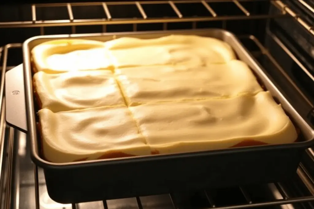 Cheesecake bars baking in the oven, with golden edges and a firm, creamy center, ready to be removed.