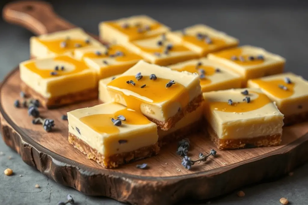 Lavender honey cheesecake bars with a smooth, creamy texture and a drizzle of golden honey, adorned with edible lavender flowers. The dessert is set on a rustic wooden surface, with soft lighting and a hint of magical sparkles in the background.