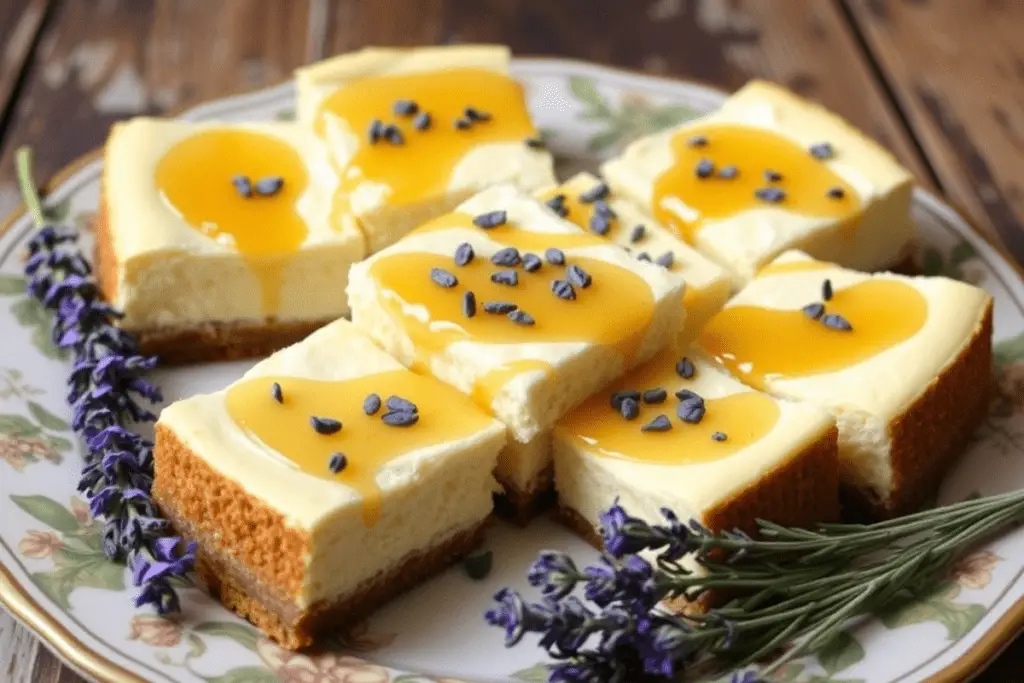 Lavender honey cheesecake bars with a smooth, creamy texture and a drizzle of golden honey, adorned with edible lavender flowers. The dessert is set on a rustic wooden surface, with soft lighting and a hint of magical sparkles in the background.