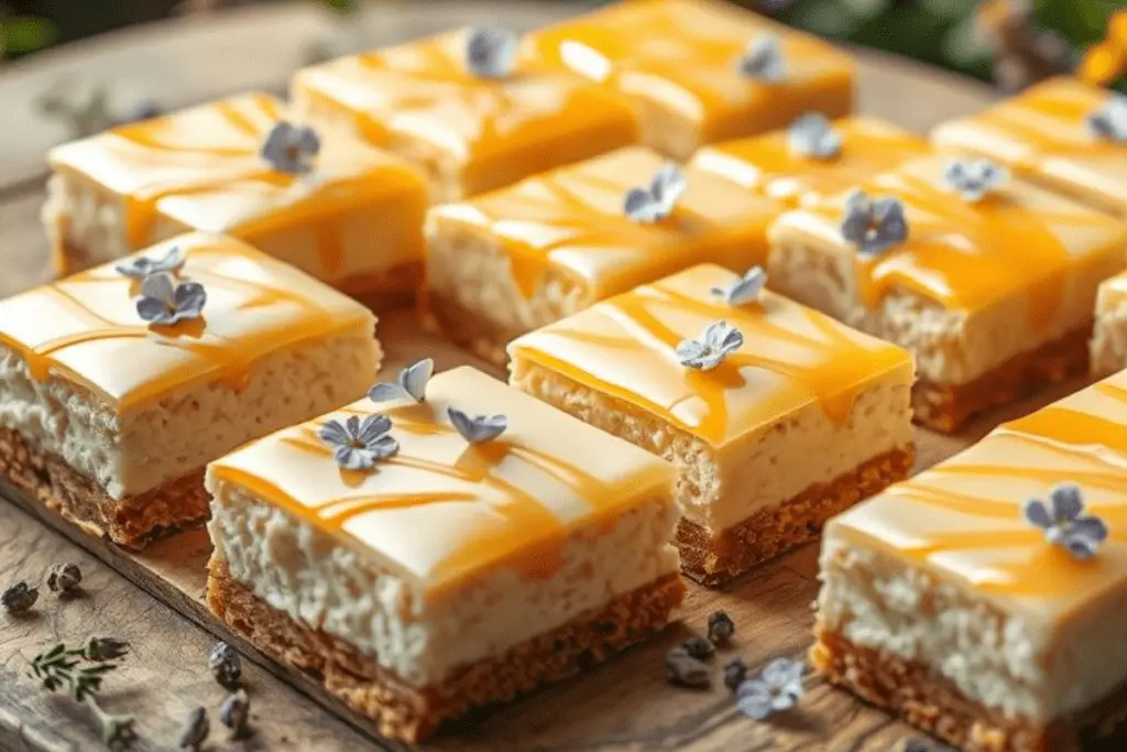 Lavender honey cheesecake bars with a smooth, creamy texture and a drizzle of golden honey, adorned with edible lavender flowers. The dessert is set on a rustic wooden surface, with soft lighting and a hint of magical sparkles in the background.