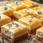 Lavender honey cheesecake bars with a smooth, creamy texture and a drizzle of golden honey, adorned with edible lavender flowers. The dessert is set on a rustic wooden surface, with soft lighting and a hint of magical sparkles in the background.